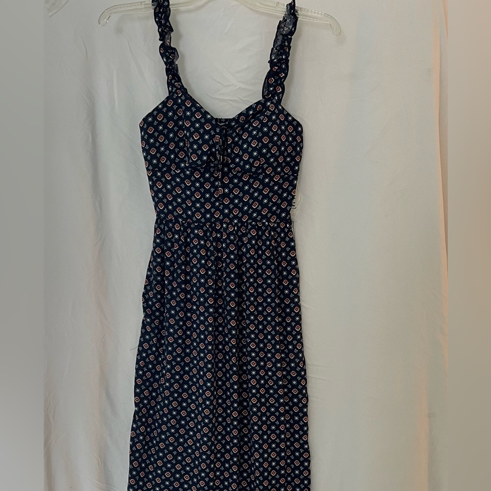 A.U.W. Blue Floral Maxi Dress Ruched back Size S Padded Bra Cups Side Slit NWT